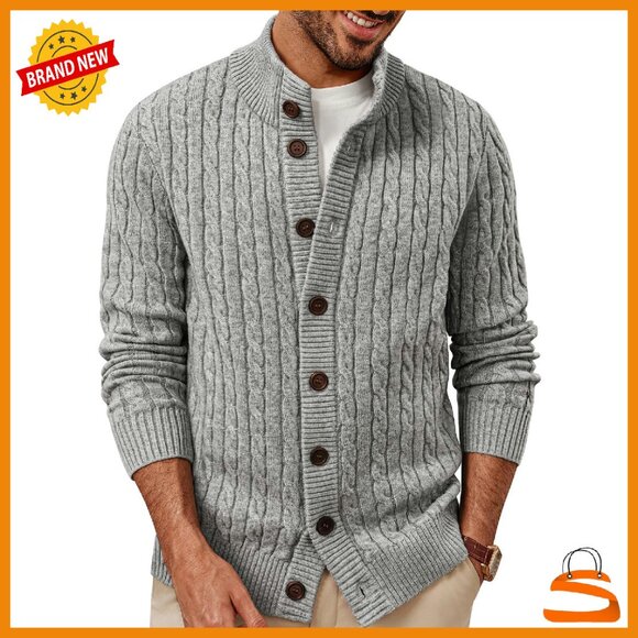 Men's Cable Knit Cardigan Sweater Button Up Stand Collar